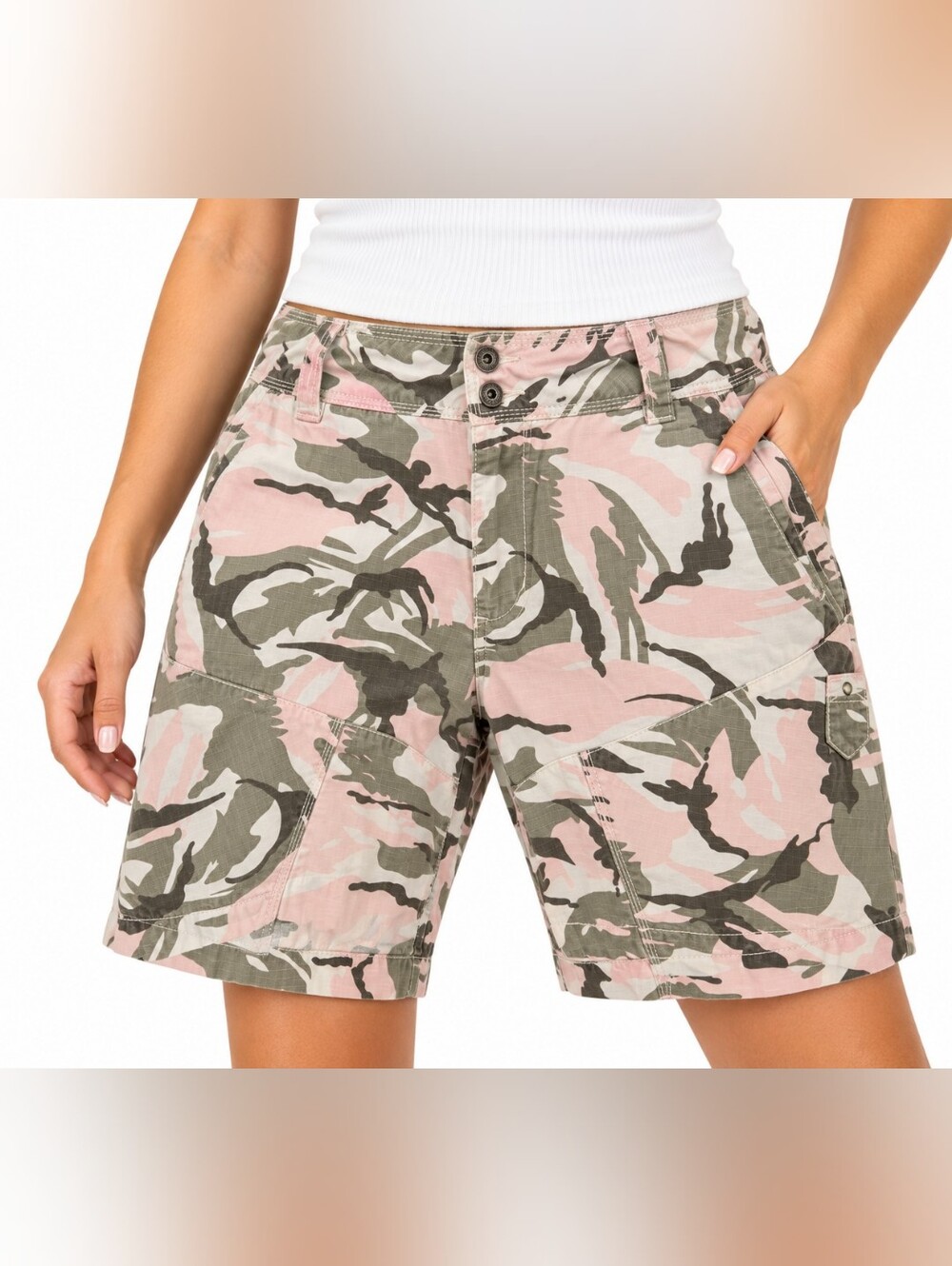 Zenim Denim Jeans Pink Camo Cargo Bermuda Shorts Size 16